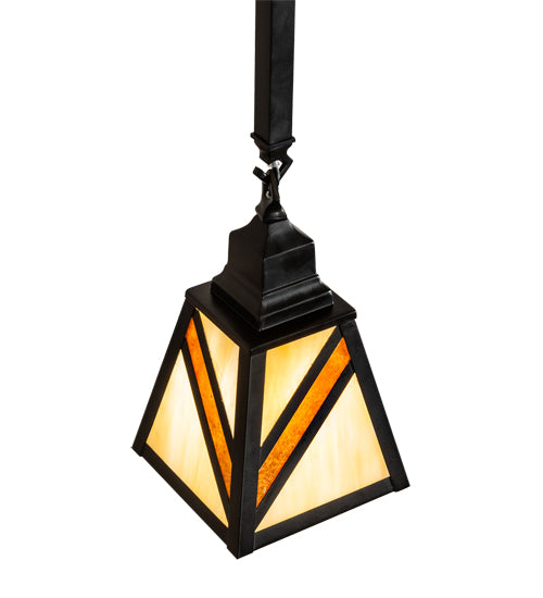 Meyda Lighting Santa Fe 6"Sq Flat Black Mini Pendant Light With Beige Art & Amber Mica Shade Glass