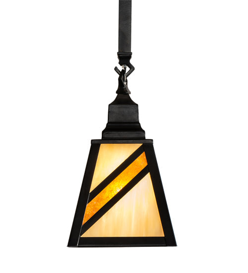 Meyda Lighting Santa Fe 6"Sq Flat Black Mini Pendant Light With Beige Art & Amber Mica Shade Glass