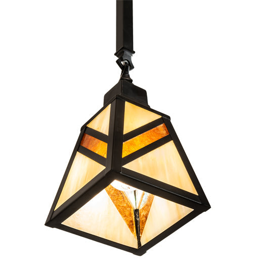 Meyda Lighting Santa Fe 6"Sq Flat Black Mini Pendant Light With Beige Art & Amber Mica Shade Glass