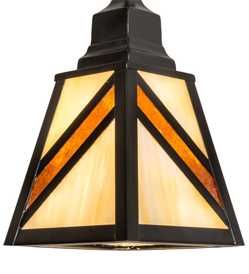 Meyda Lighting Santa Fe 6"Sq Flat Black Mini Pendant Light With Beige Art & Amber Mica Shade Glass