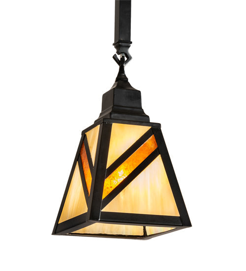 Meyda Lighting Santa Fe 6"Sq Flat Black Mini Pendant Light With Beige Art & Amber Mica Shade Glass