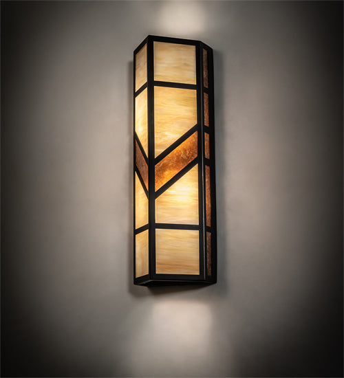 Meyda Lighting Santa Fe 7" 2-Light Flat Black Wall Sconce With Beige Iridescent & Amber Mica Shade Glass