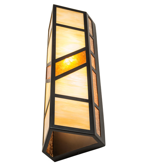 Meyda Lighting Santa Fe 7" 2-Light Flat Black Wall Sconce With Beige Iridescent & Amber Mica Shade Glass