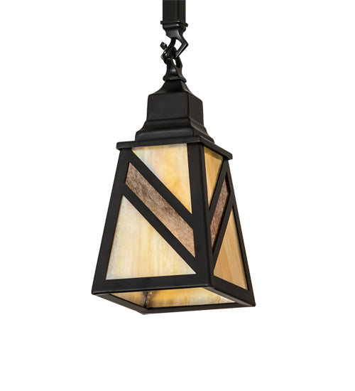 Meyda Lighting Santa Fe 7" Flat Black Mini Pendant Light With Beige Iridescent & Silver Mica Shade Glass