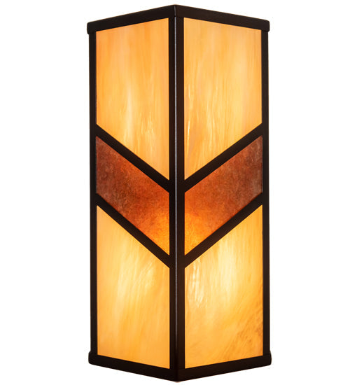 Meyda Lighting Santa Fe 8" 2-Light Dark Bronze Wall Sconce With Amber Mica & Beige Iridescent Shade Glass