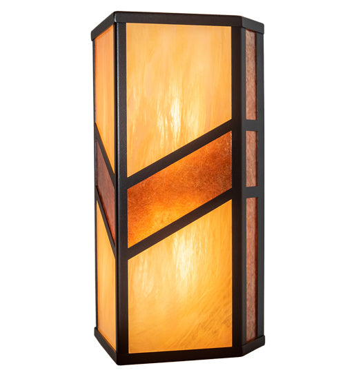 Meyda Lighting Santa Fe 8" 2-Light Dark Bronze Wall Sconce With Amber Mica & Beige Iridescent Shade Glass