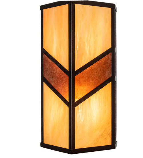 Meyda Lighting Santa Fe 8" 2-Light Dark Bronze Wall Sconce With Amber Mica & Beige Iridescent Shade Glass