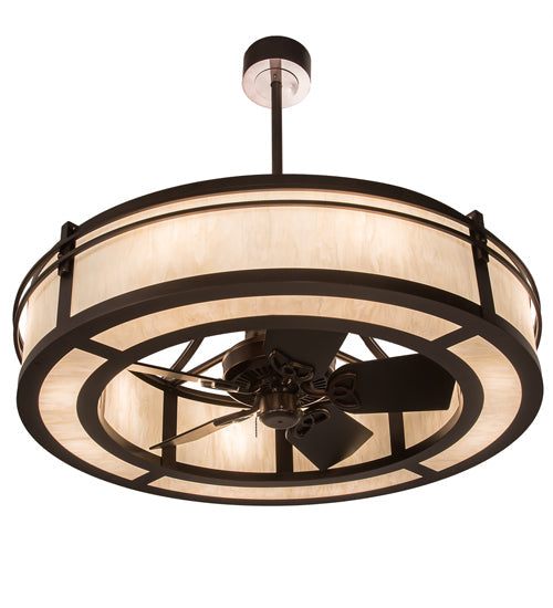 Meyda Lighting Sargent 45" 12-Light Mahogany Bronze Chandelier With Creme Carrara Idalight Shade Glass and Fan