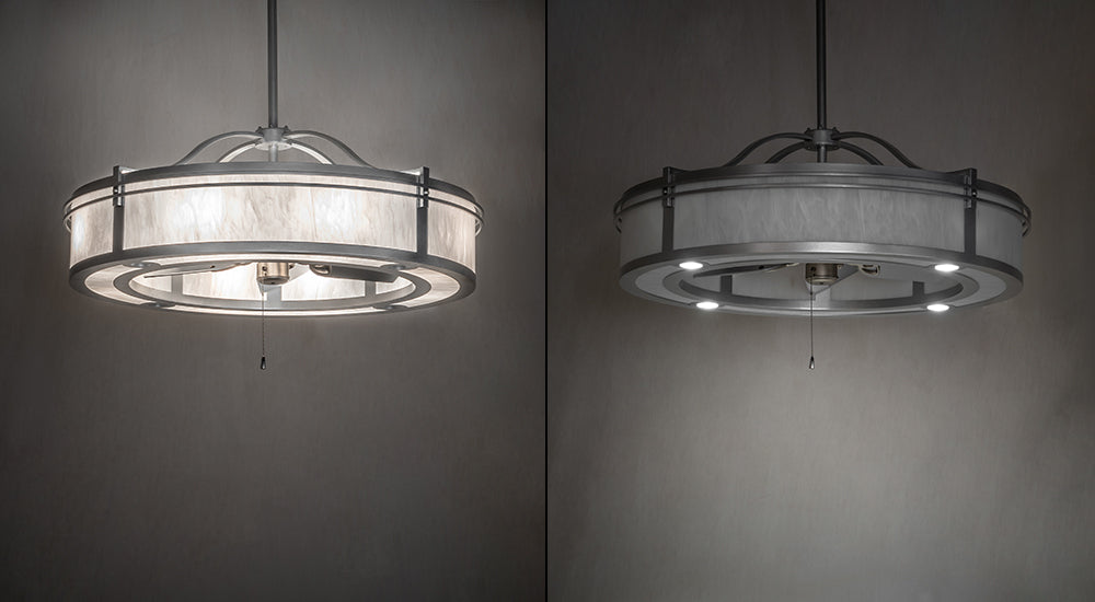 Meyda Lighting Sargent 46" 12-Light Sparkle Silver Chandelier With Beige Angelwing Idalight Shade and Fan