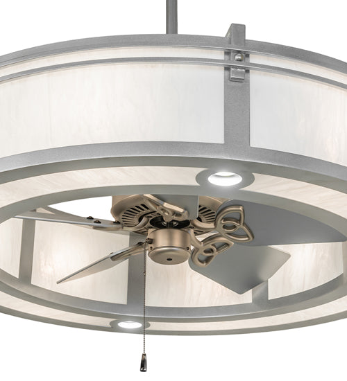 Meyda Lighting Sargent 46" 12-Light Sparkle Silver Chandelier With Beige Angelwing Idalight Shade and Fan