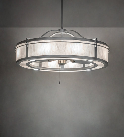 Meyda Lighting Sargent 46" 12-Light Sparkle Silver Chandelier With Beige Angelwing Idalight Shade and Fan