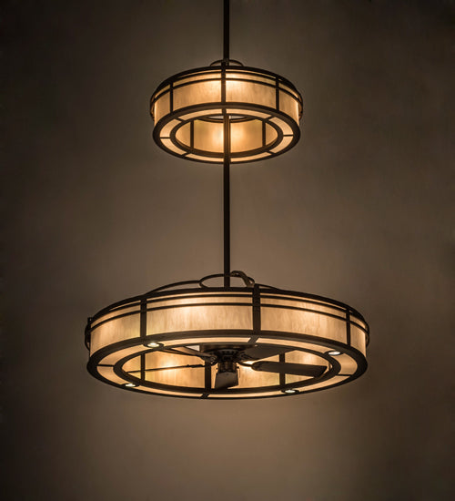 Meyda Lighting Sargent 58" 24-Light 2-Tier Tyler Bronze Chandelier With Beige Fleshtone Idalight Shade Glass and Fan