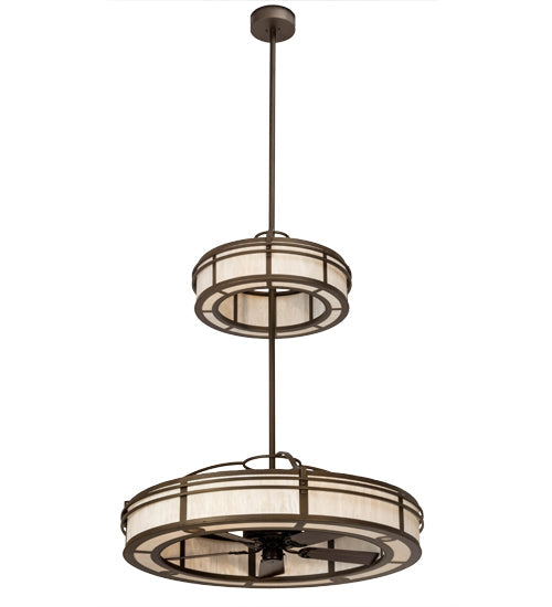 Meyda Lighting Sargent 58" 24-Light 2-Tier Tyler Bronze Chandelier With Beige Fleshtone Idalight Shade Glass and Fan
