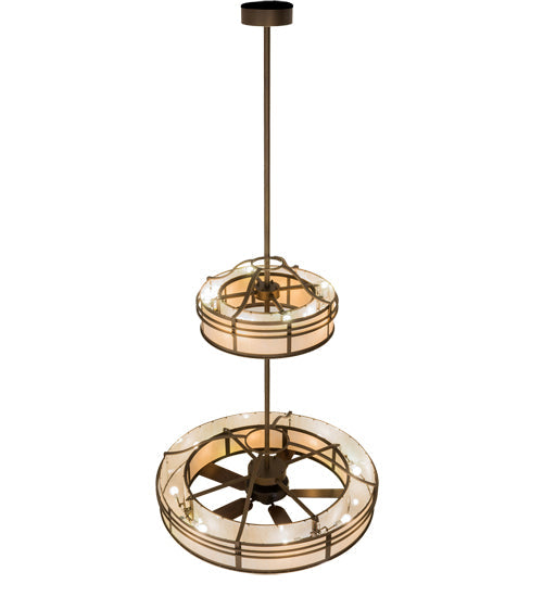 Meyda Lighting Sargent 58" 24-Light 2-Tier Tyler Bronze Chandelier With Beige Fleshtone Idalight Shade Glass and Fan