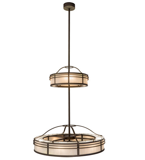 Meyda Lighting Sargent 58" 24-Light 2-Tier Tyler Bronze Chandelier With Beige Fleshtone Idalight Shade Glass and Fan