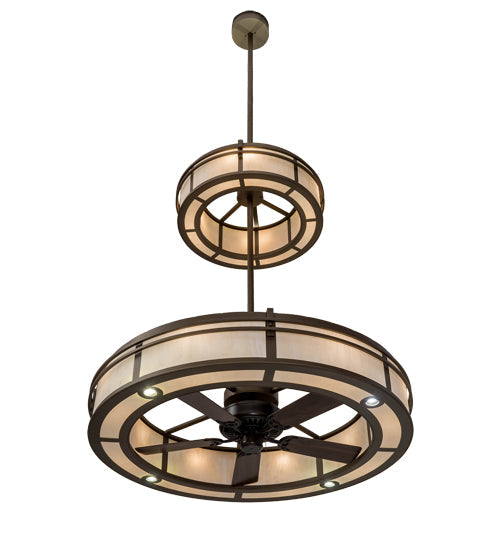 Meyda Lighting Sargent 58" 24-Light 2-Tier Tyler Bronze Chandelier With Beige Fleshtone Idalight Shade Glass and Fan