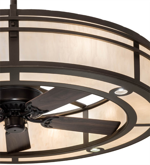 Meyda Lighting Sargent 58" 24-Light 2-Tier Tyler Bronze Chandelier With Beige Fleshtone Idalight Shade Glass and Fan