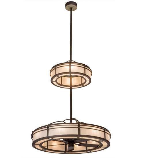 Meyda Lighting Sargent 58" 24-Light 2-Tier Tyler Bronze Chandelier With Beige Fleshtone Idalight Shade Glass and Fan