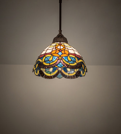 Meyda Lighting Saturday Morning 10" Mahogany Bronze Mini Pendant Light With Multi-Colored Stained Glass
