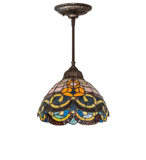 Meyda Lighting Saturday Morning 10" Mahogany Bronze Mini Pendant Light With Multi-Colored Stained Glass