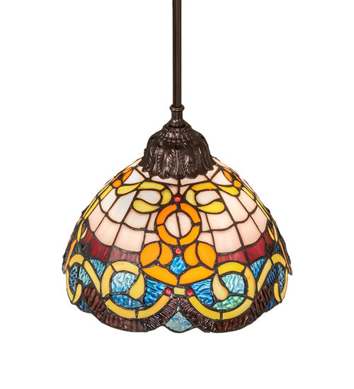Meyda Lighting Saturday Morning 10" Mahogany Bronze Mini Pendant Light With Multi-Colored Stained Glass