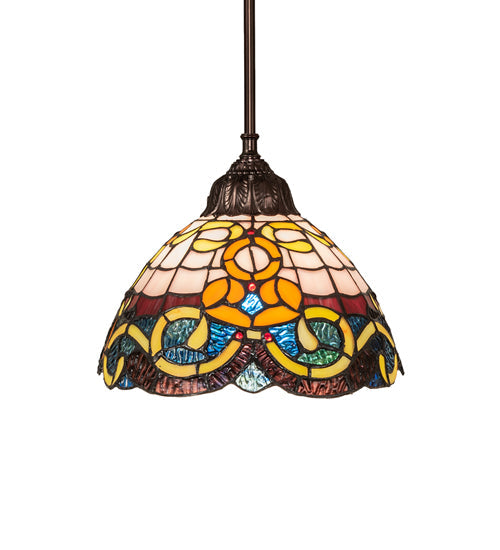 Meyda Lighting Saturday Morning 10" Mahogany Bronze Mini Pendant Light With Multi-Colored Stained Glass