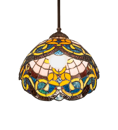 Meyda Lighting Saturday Morning 10" Mahogany Bronze Mini Pendant Light With Multi-Colored Stained Glass