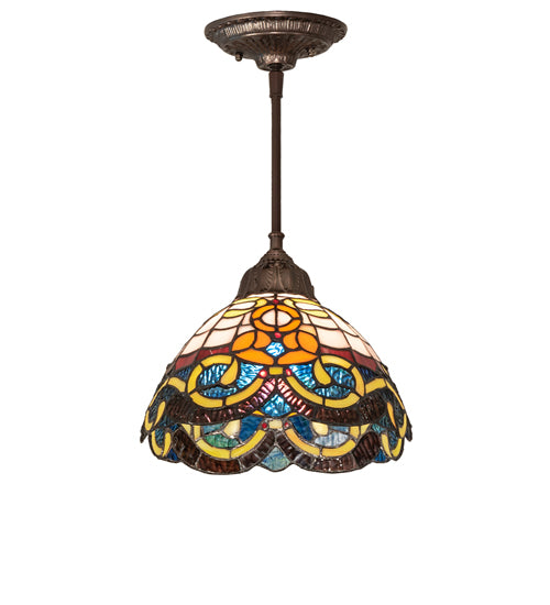 Meyda Lighting Saturday Morning 10" Mahogany Bronze Mini Pendant Light With Multi-Colored Stained Glass