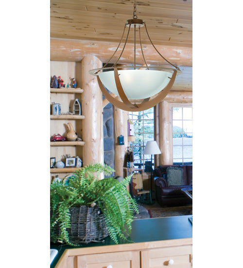 Meyda Lighting Saturn 31" 4-Light Rust Inverted Pendant Light With Contrail Mist Shade Glass