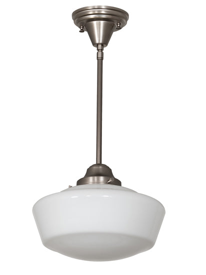 Meyda Lighting Schoolhouse 12" Brushed Nickel Mini Pendant Light With White Opal Traditional Globe Shade Glass