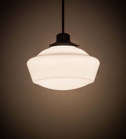 Meyda Lighting Schoolhouse 16" Craftsman Brown Pendant Light With White Opal Shade Glass
