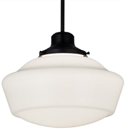 Meyda Lighting Schoolhouse 16" Craftsman Brown Pendant Light With White Opal Shade Glass