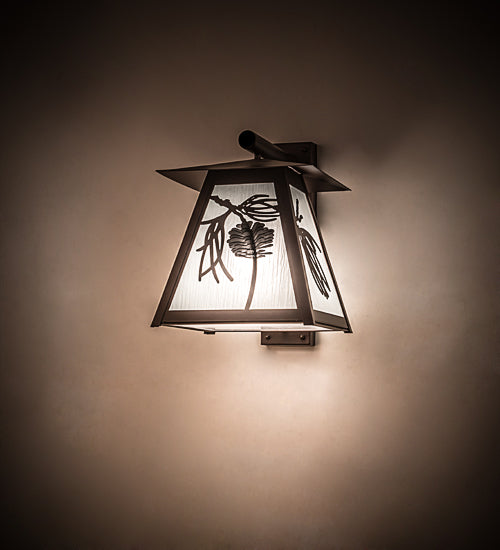 Meyda Lighting Scotch Pine 14" Mahogany Bronze Home Security Wall Sconce With Frosted Rainyvue & Frosted Seeded Shade Glass