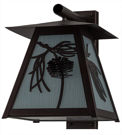 Meyda Lighting Scotch Pine 14" Mahogany Bronze Home Security Wall Sconce With Frosted Rainyvue & Frosted Seeded Shade Glass