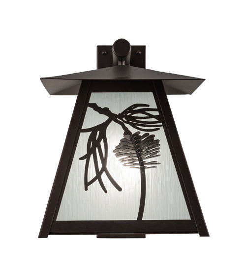 Meyda Lighting Scotch Pine 14" Mahogany Bronze Home Security Wall Sconce With Frosted Rainyvue & Frosted Seeded Shade Glass