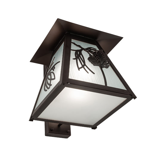Meyda Lighting Scotch Pine 14" Mahogany Bronze Home Security Wall Sconce With Frosted Rainyvue & Frosted Seeded Shade Glass