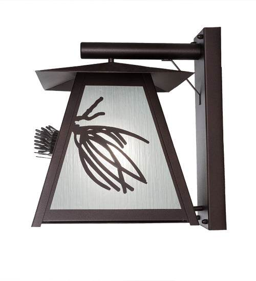 Meyda Lighting Scotch Pine 14" Mahogany Bronze Home Security Wall Sconce With Frosted Rainyvue & Frosted Seeded Shade Glass