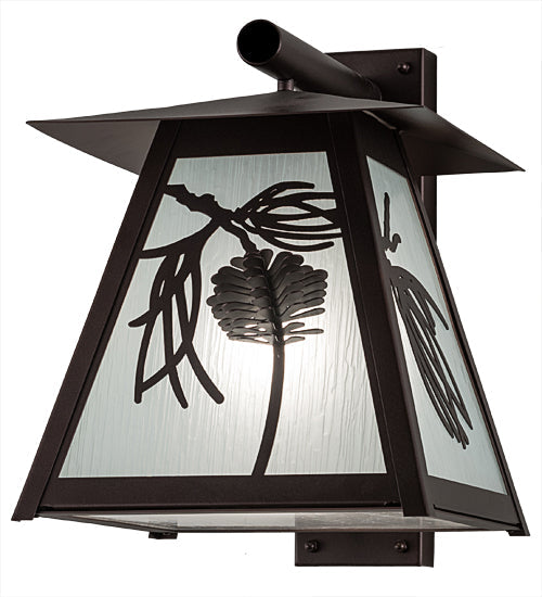 Meyda Lighting Scotch Pine 14" Mahogany Bronze Home Security Wall Sconce With Frosted Rainyvue & Frosted Seeded Shade Glass