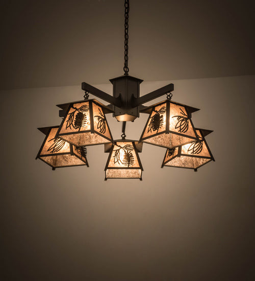 Meyda Lighting Scotch Pine 40" 5-Light Timeless Bronze Chandelier With Silver Mica Shade Glass