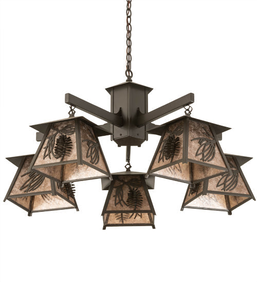 Meyda Lighting Scotch Pine 40" 5-Light Timeless Bronze Chandelier With Silver Mica Shade Glass