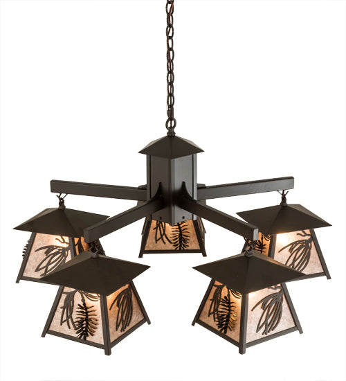 Meyda Lighting Scotch Pine 40" 5-Light Timeless Bronze Chandelier With Silver Mica Shade Glass
