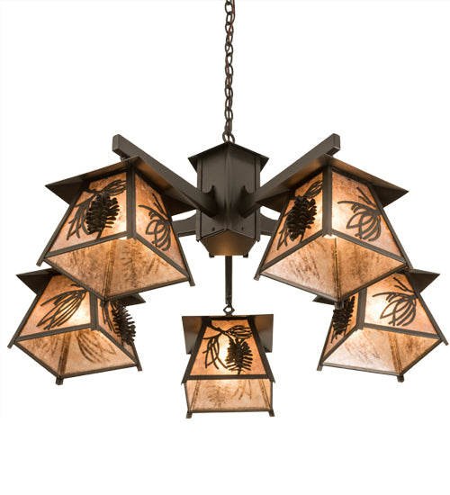 Meyda Lighting Scotch Pine 40" 5-Light Timeless Bronze Chandelier With Silver Mica Shade Glass