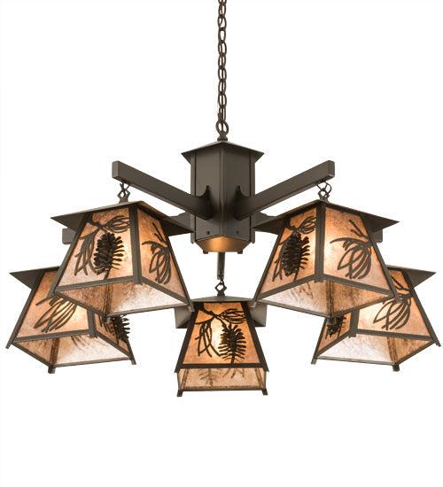 Meyda Lighting Scotch Pine 40" 5-Light Timeless Bronze Chandelier With Silver Mica Shade Glass