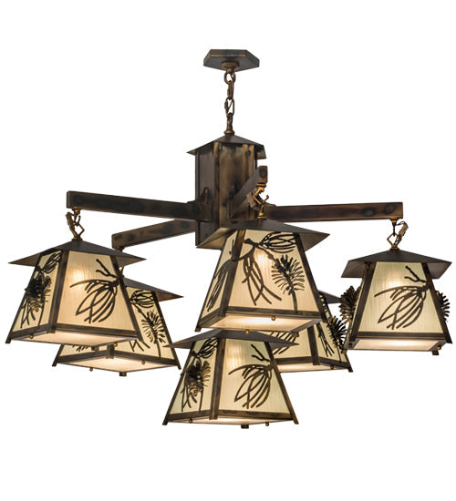 Meyda Lighting Scotch Pine 40" 6-Light Dark Burnished Antique Copper Chandelier With Frosted Seeded Shade Glass