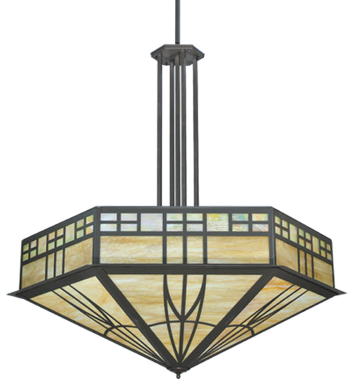 Meyda Lighting Scottsdale 60" 6-Light Timeless Bronze Mission Inverted Pendant Light With Beige Art Shade Glass