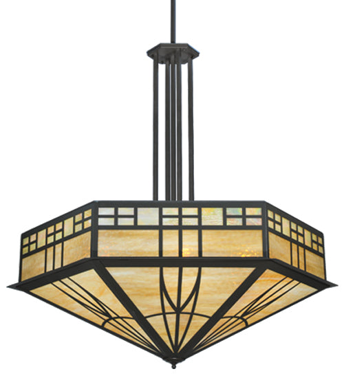 Meyda Lighting Scottsdale 60" 6-Light Timeless Bronze Mission Inverted Pendant Light With Beige Art Shade Glass