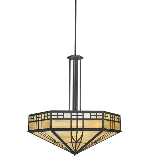 Meyda Lighting Scottsdale 60" 6-Light Timeless Bronze Mission Inverted Pendant Light With Beige Art Shade Glass