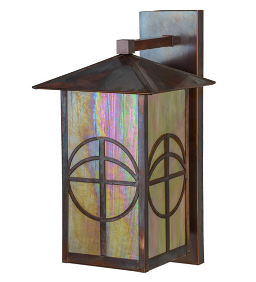 Meyda Lighting Seneca 10" Vintage Copper Circle Cross Solid Mount Wall Sconce With Beige Iridescent Shade Glass