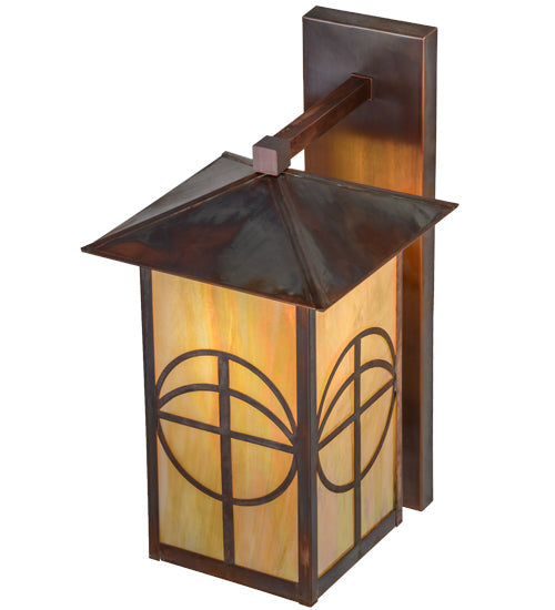 Meyda Lighting Seneca 10" Vintage Copper Circle Cross Solid Mount Wall Sconce With Beige Iridescent Shade Glass