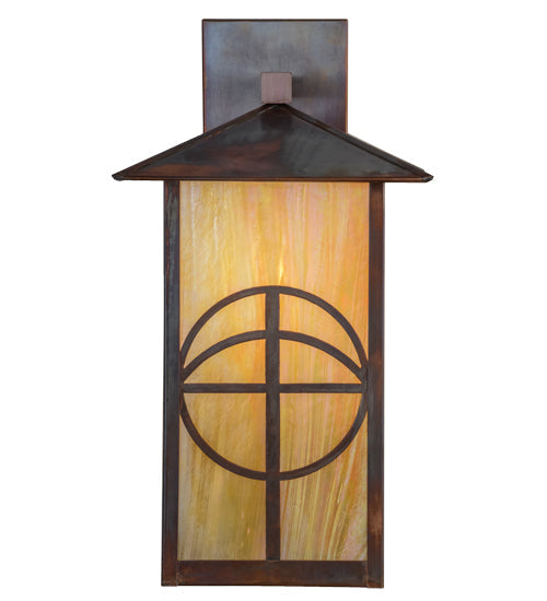 Meyda Lighting Seneca 10" Vintage Copper Circle Cross Solid Mount Wall Sconce With Beige Iridescent Shade Glass